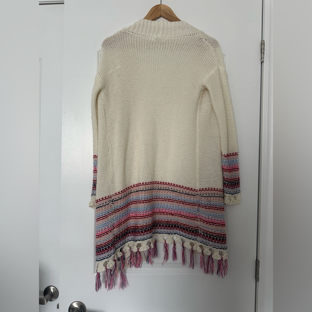 Ardene Cream Knit Cardigan with Tassels Boho Fringe Multicolor Striped - Picture 6 of 8